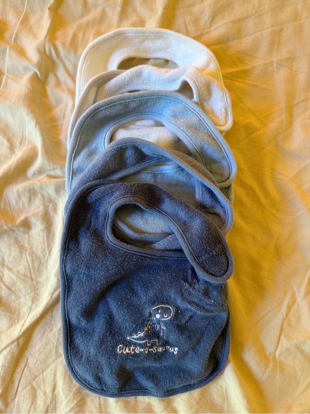 Set of Five Baby Terry Bibs in Navy, Light Blue, and White